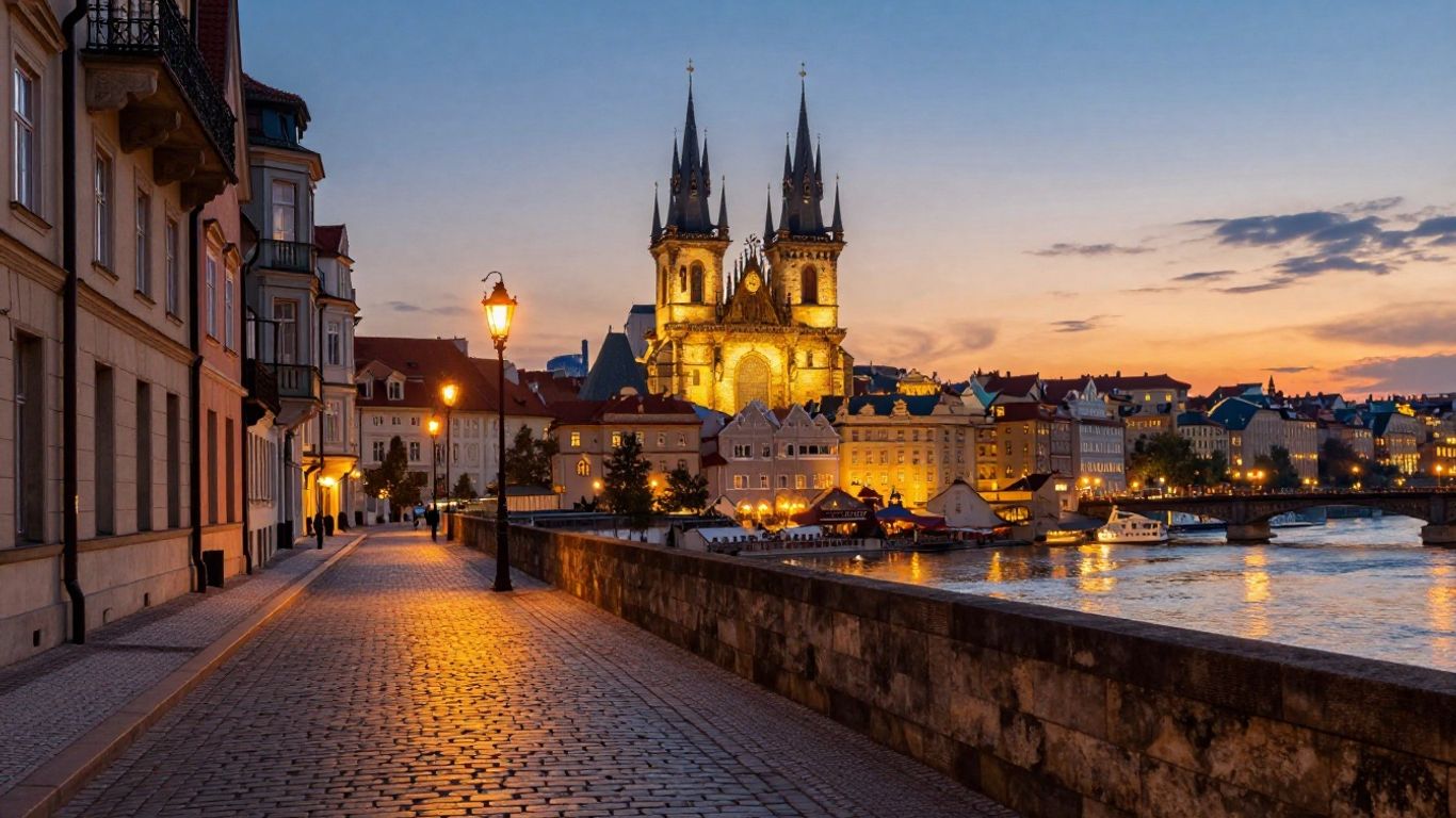 European city skyline at dusk with illuminated landmarks.