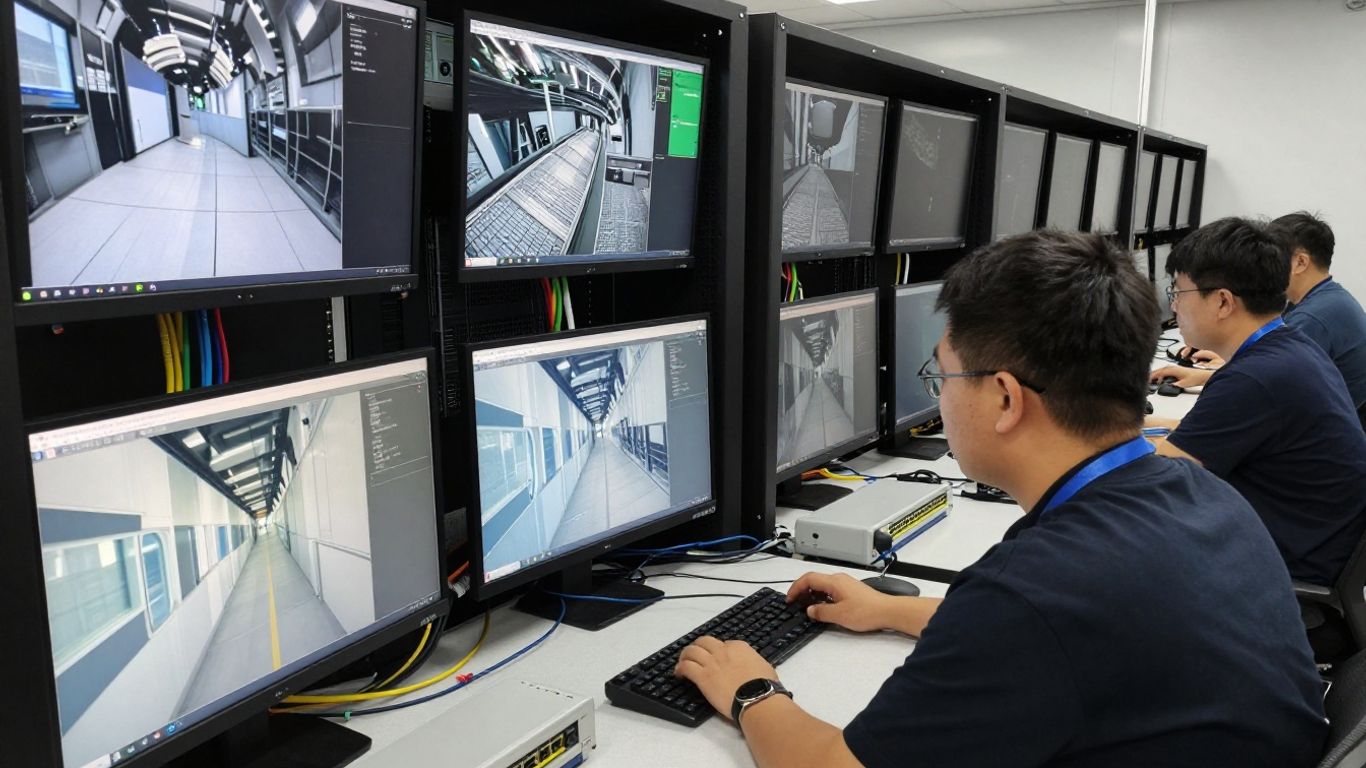 Technician diagnosing CCTV equipment in a server room