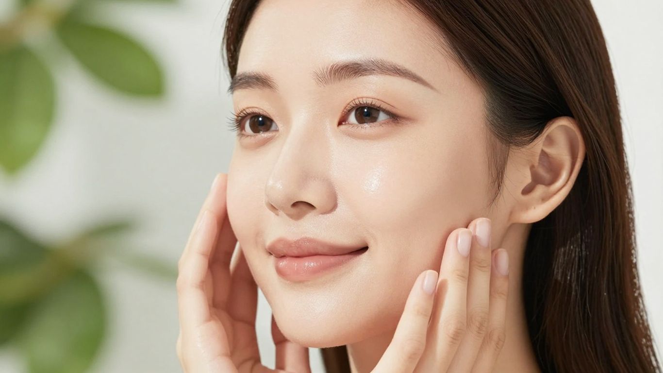 Woman with glowing skin surrounded by green leaves