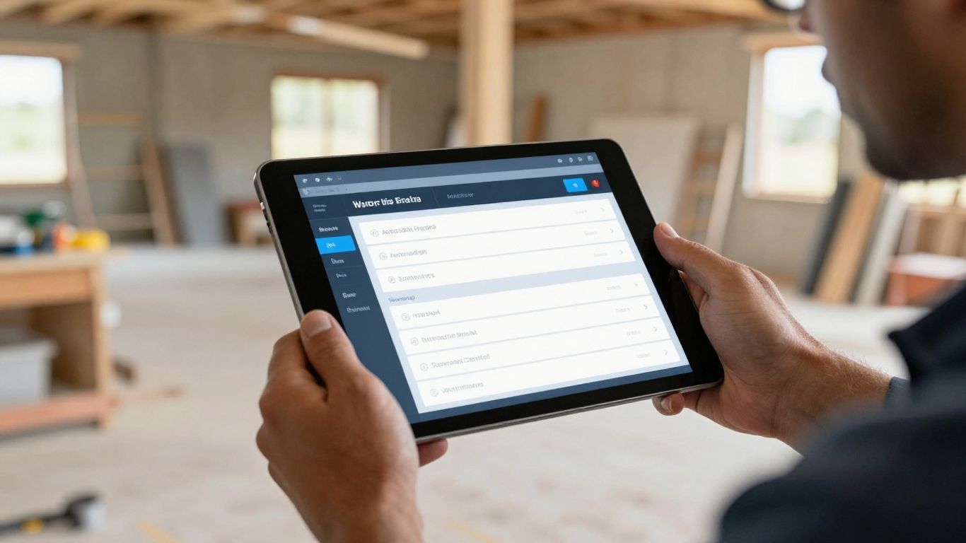 Tradie using AI tool on tablet at worksite.