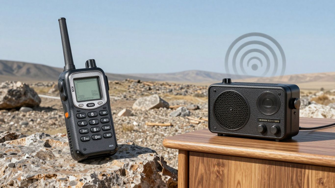 Satellite phone and ham radio side-by-side.