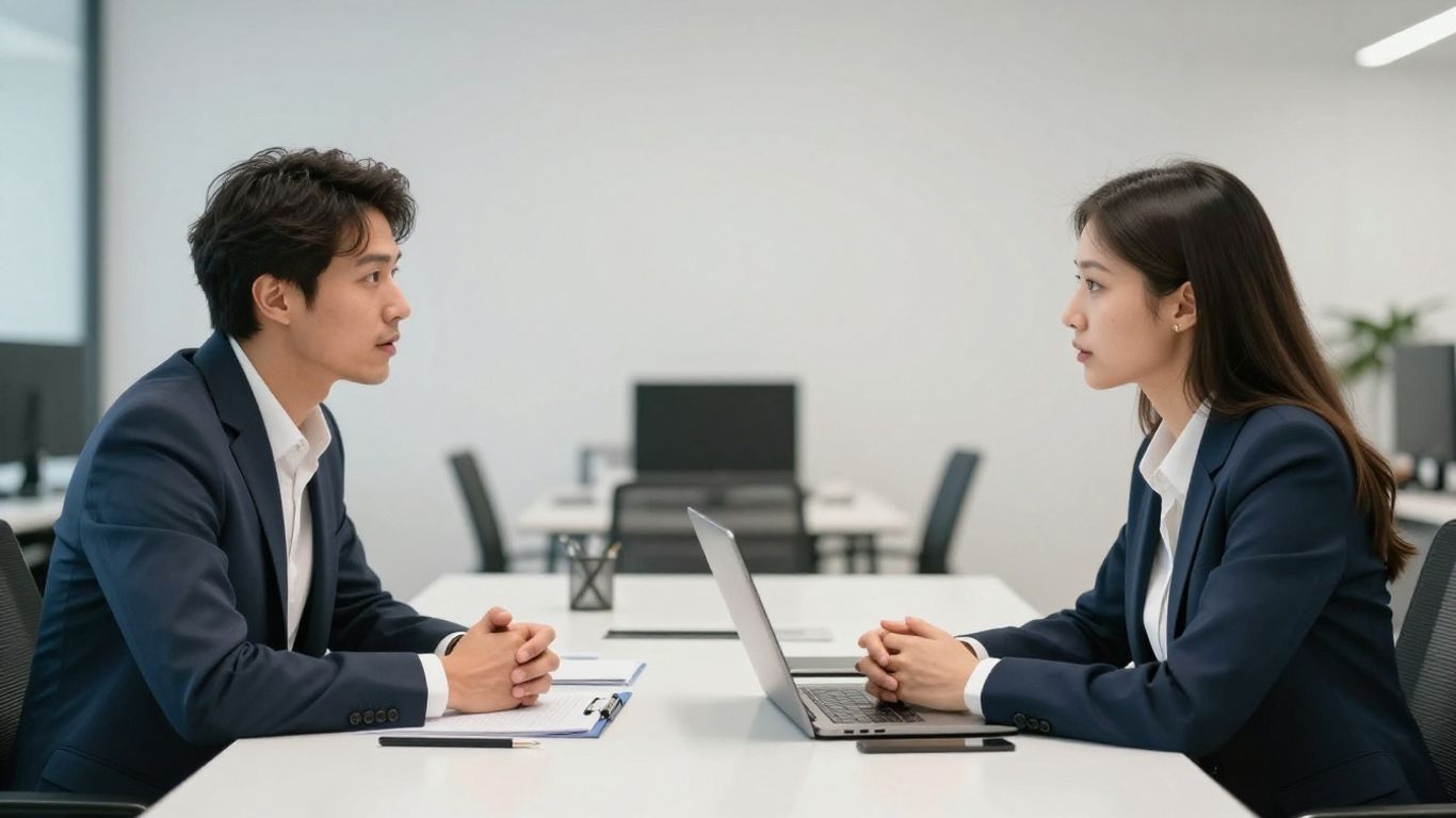 Zwei Geschäftsleute im Gespräch im Büro.