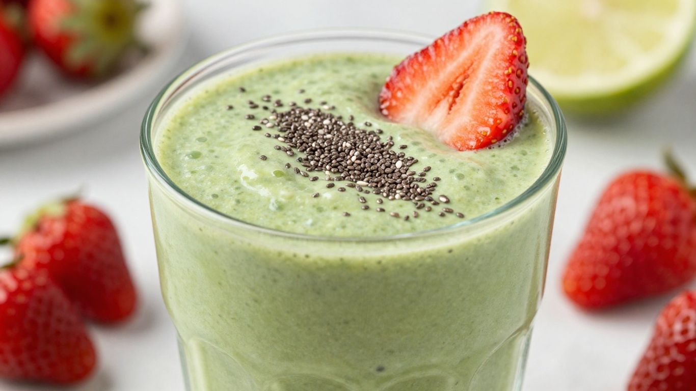 Healthy green smoothie with fresh fruit and seeds.
