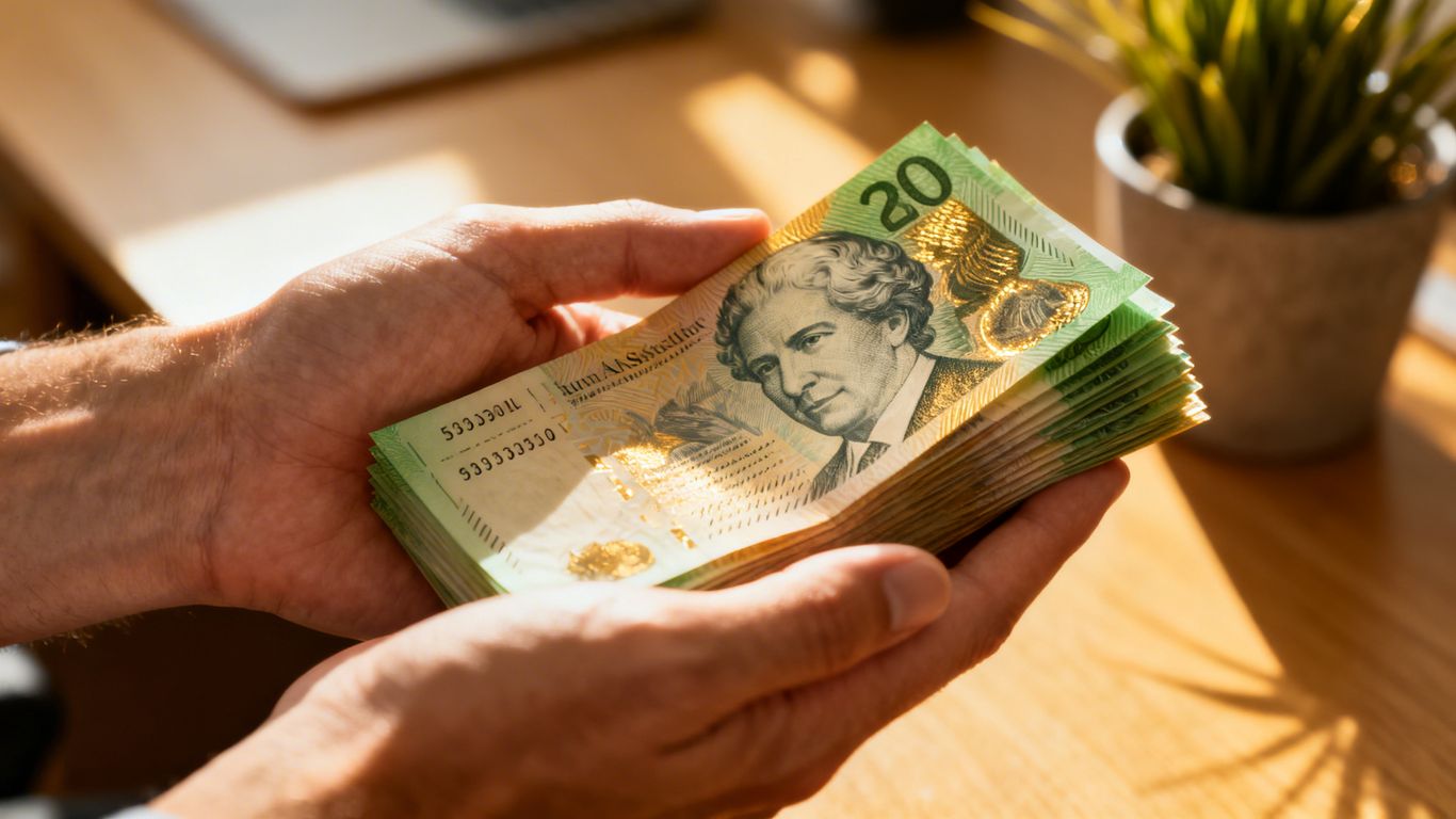 Australian dollar bills held in hands, suggesting financial support.