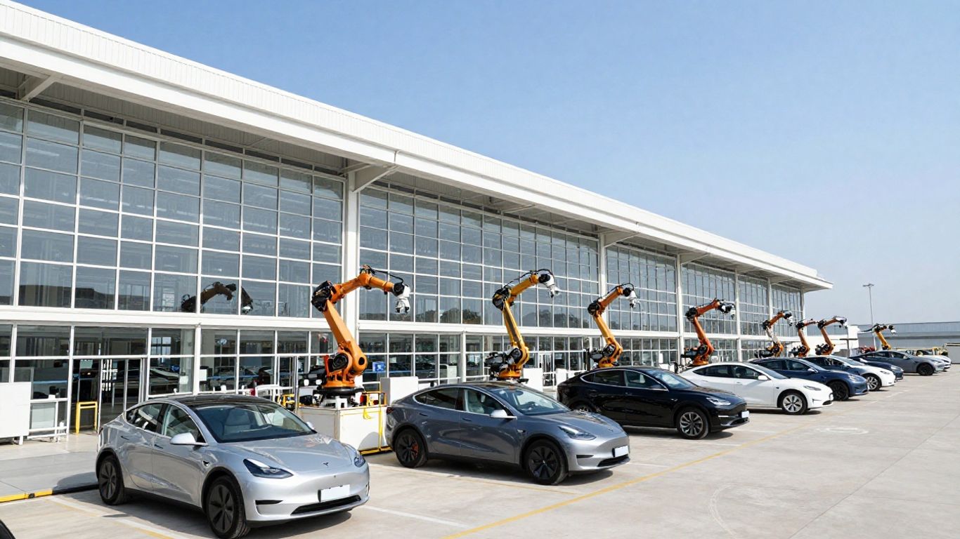 Tesla factory with assembly lines and cars.