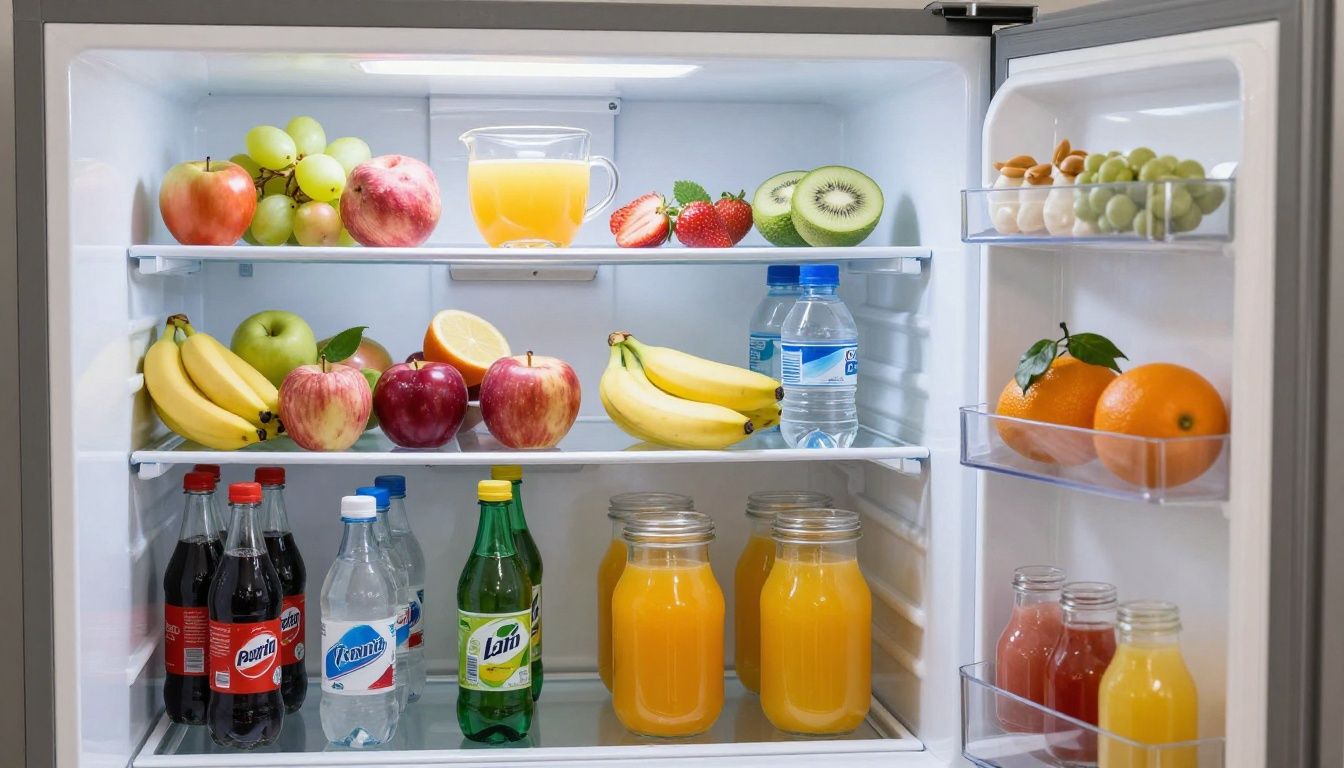 A well-organized refrigerator with shelves clearly zoned by drink type, like soda, juice, and water.