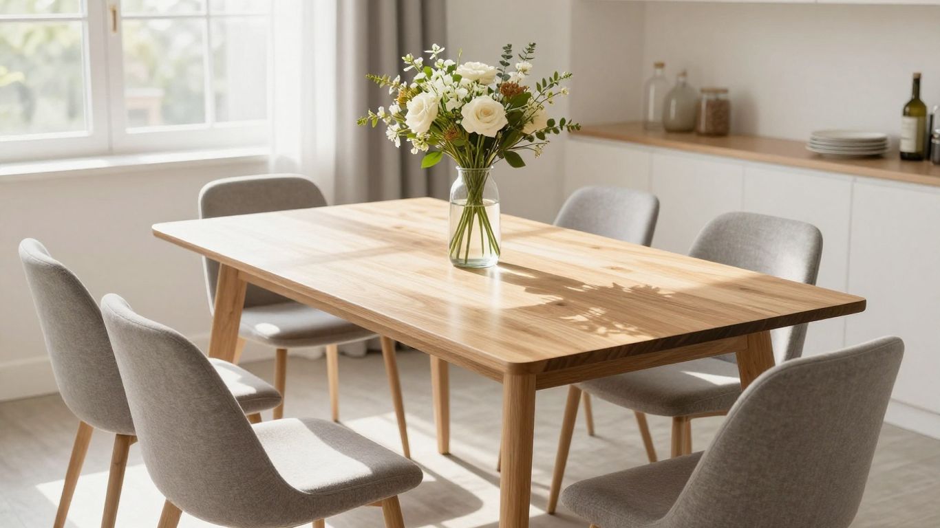 Mesa de comedor moderna con sillas y flores frescas.