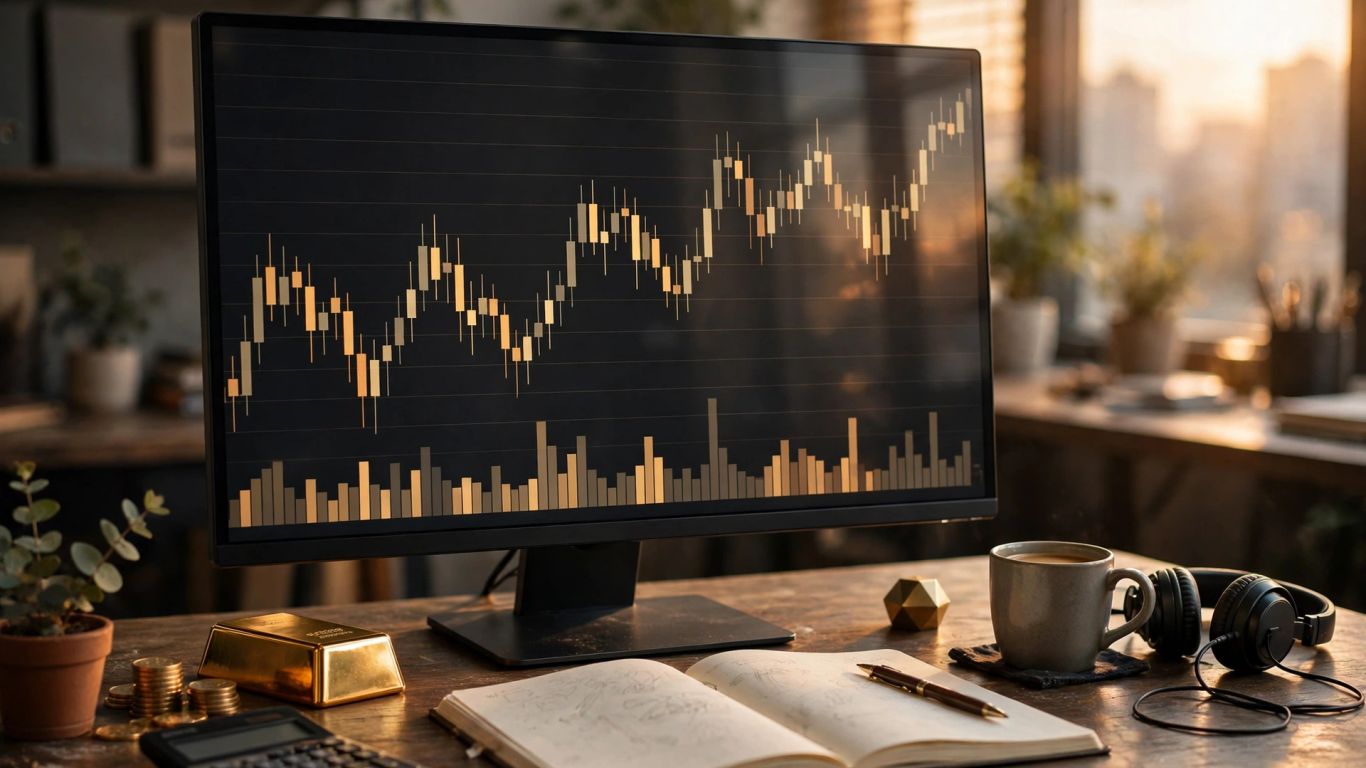 Graphique du cours de l’or sur un écran à côté du carnet d’un trader