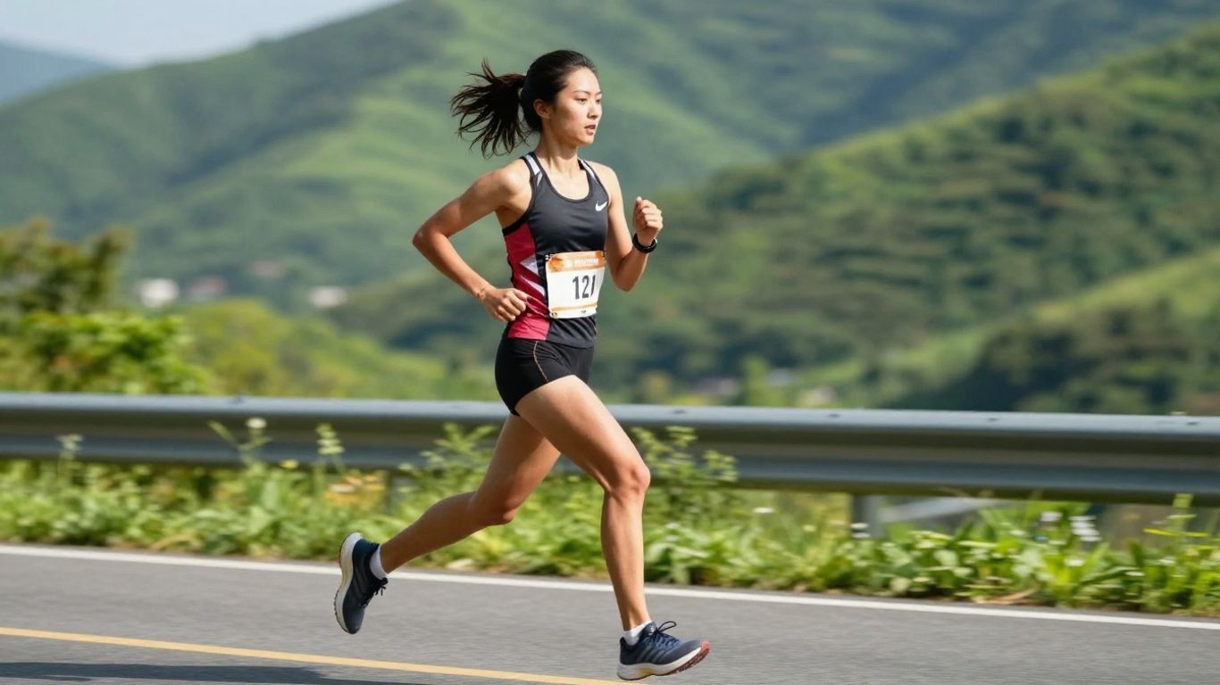 Woman running a half marathon with a strong finish.