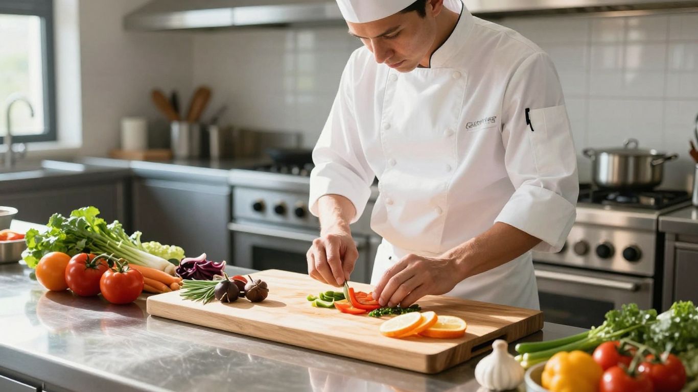Cuisine professionnelle avec chef préparant des ingrédients frais.
