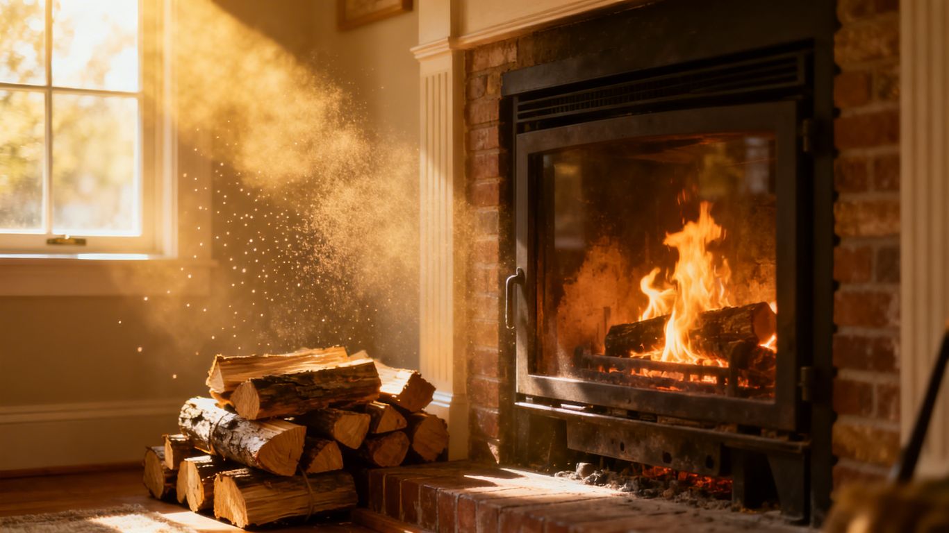 Clean fireplace with a gentle fire burning.