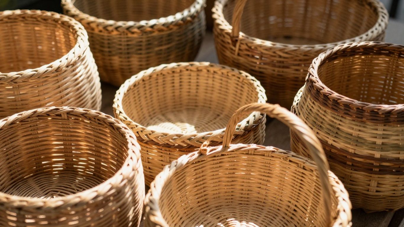 Woven baskets in natural tones with detailed textures.