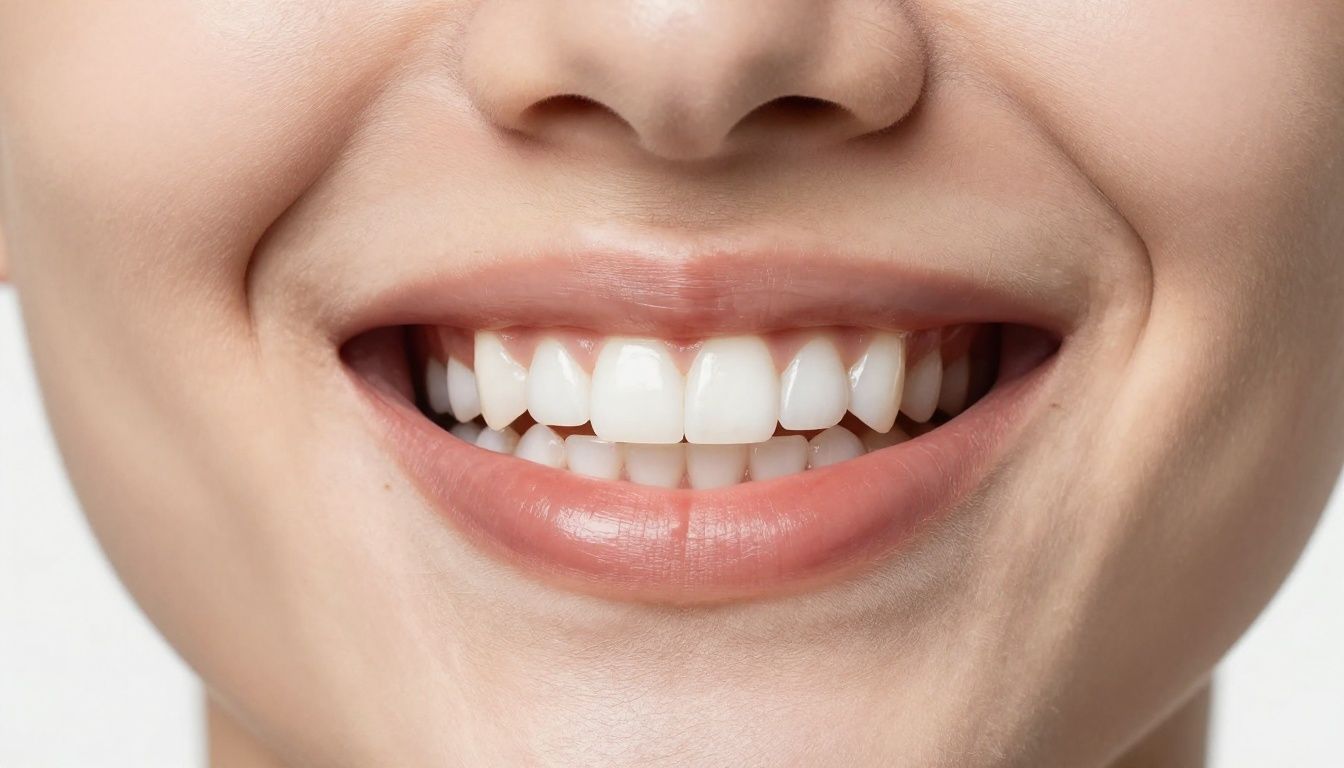 Close-up of a person's mouth with a wide, bright white smile.