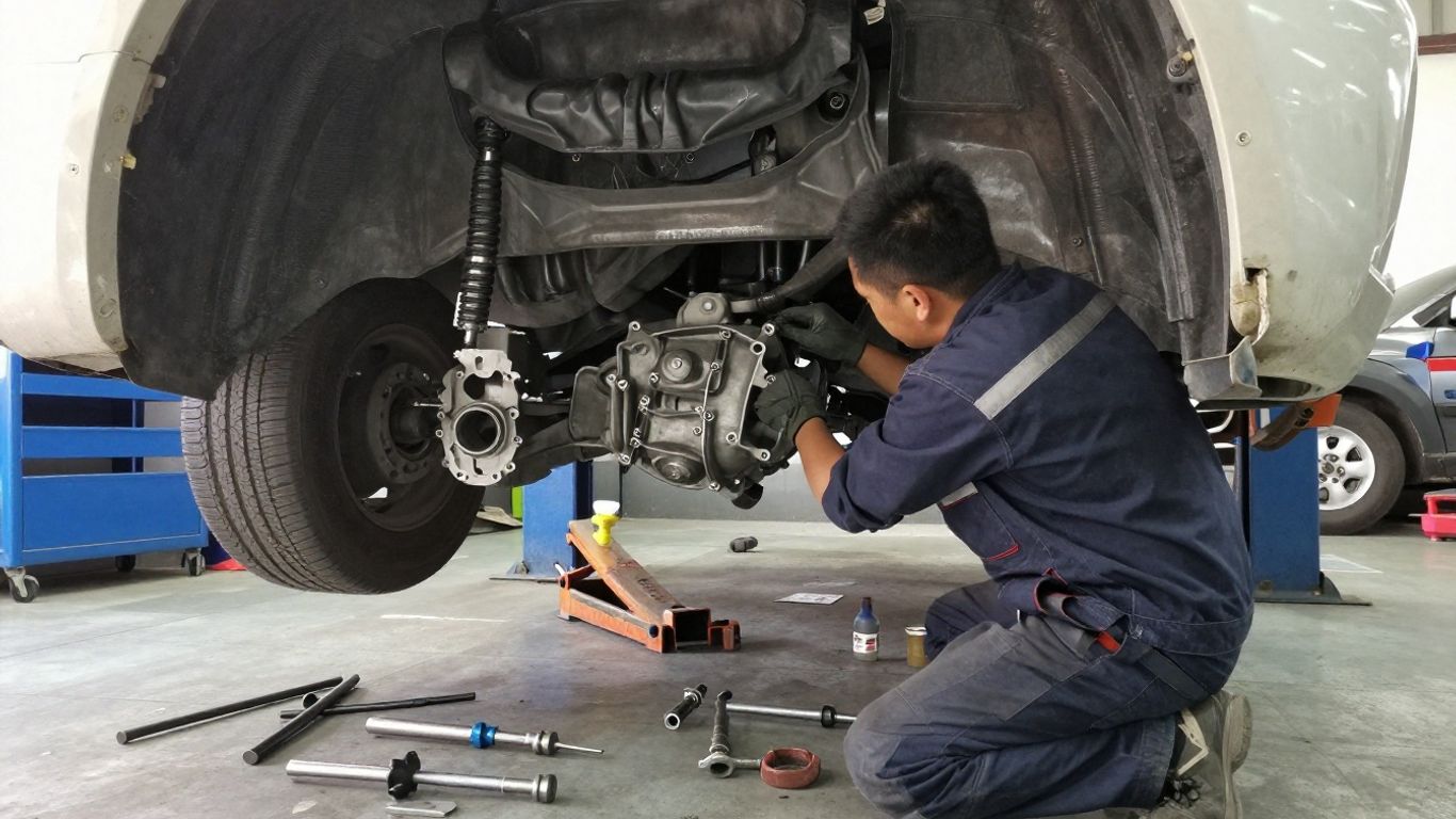 Technician installing transmission beneath vehicle