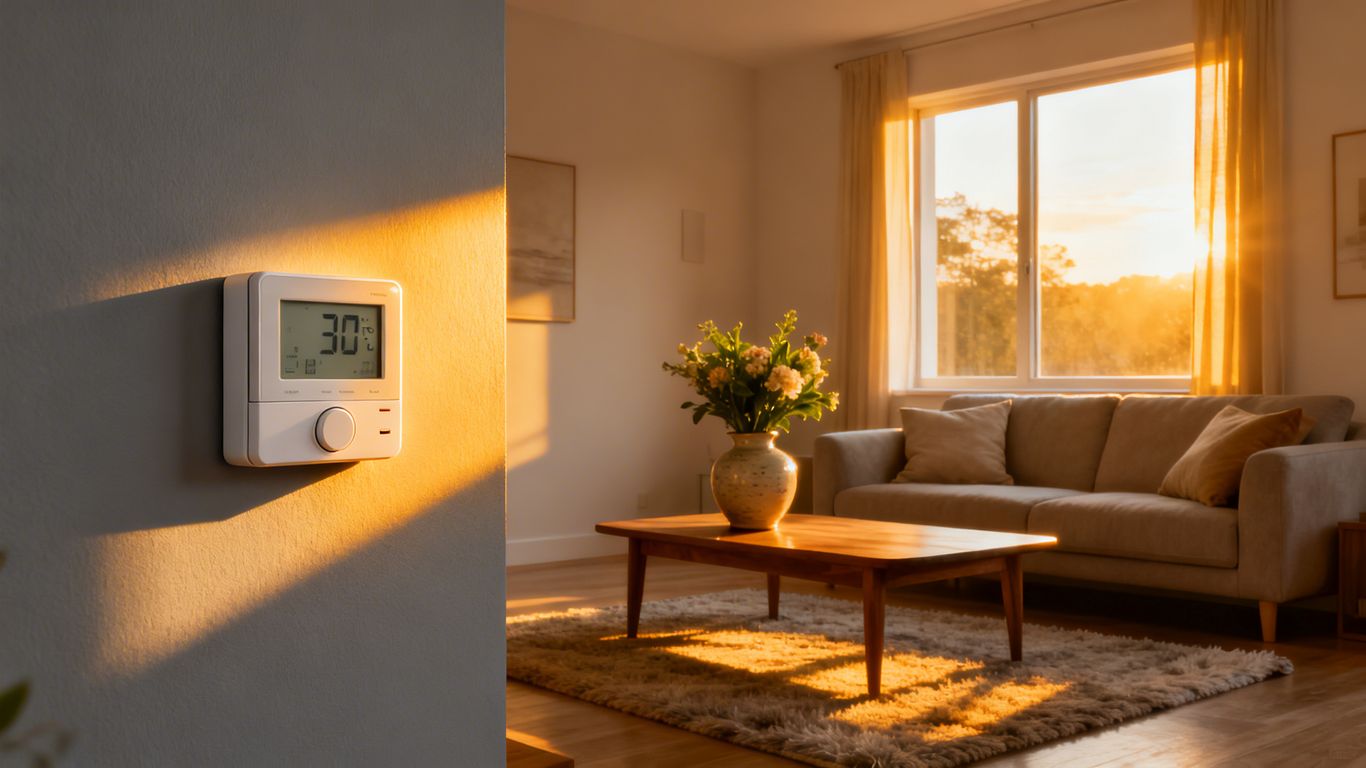 Thermostat on wall with sunlight streaming in.