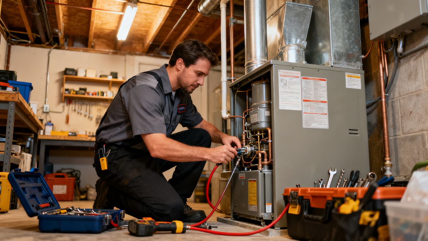 A technician explaining an HVAC system repair in home