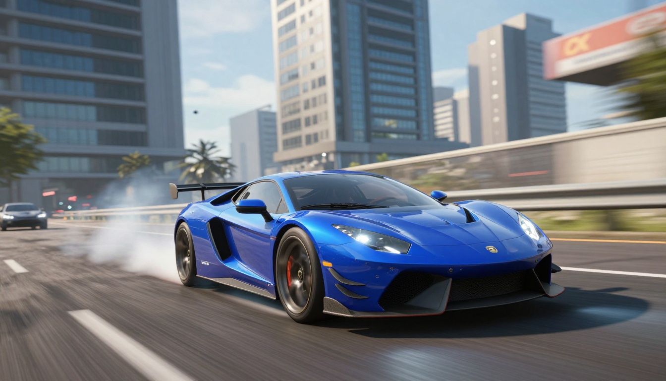 Carro esportivo em alta velocidade disputando uma corrida urbana em Asphalt 9: Legends, com nitro azul, curvas intensas e prédios iluminados ao fundo