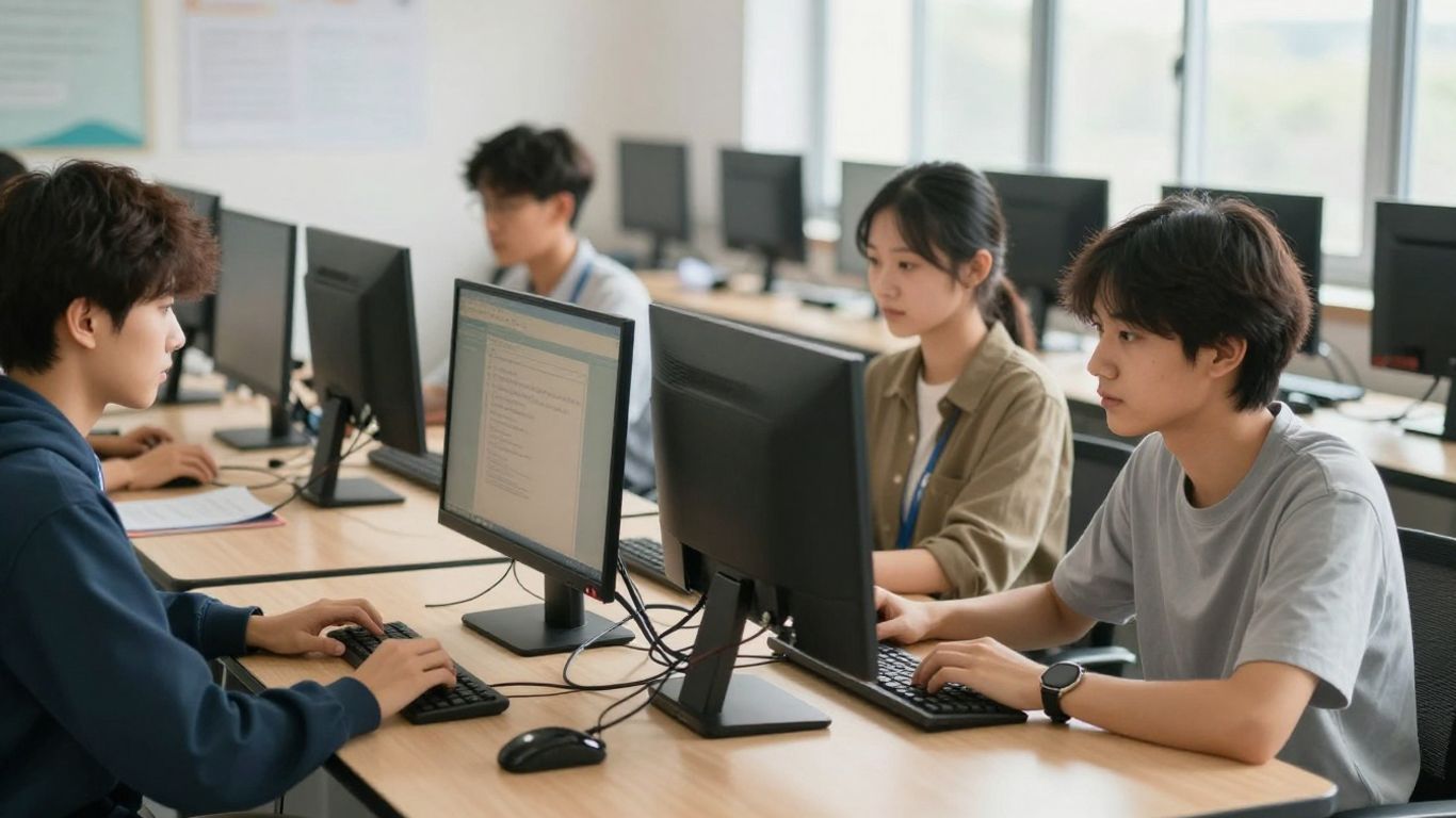 Estudiantes usando computadoras en un aula conectada.