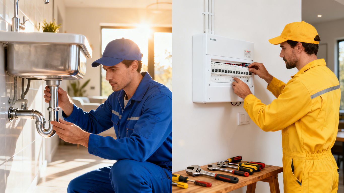Plumber and electrician performing home maintenance tasks.
