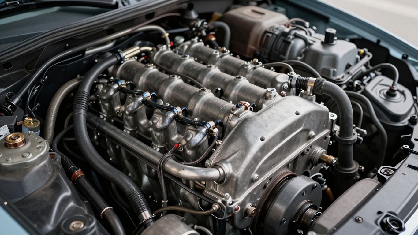 Clean car engine with visible metal parts and hoses.