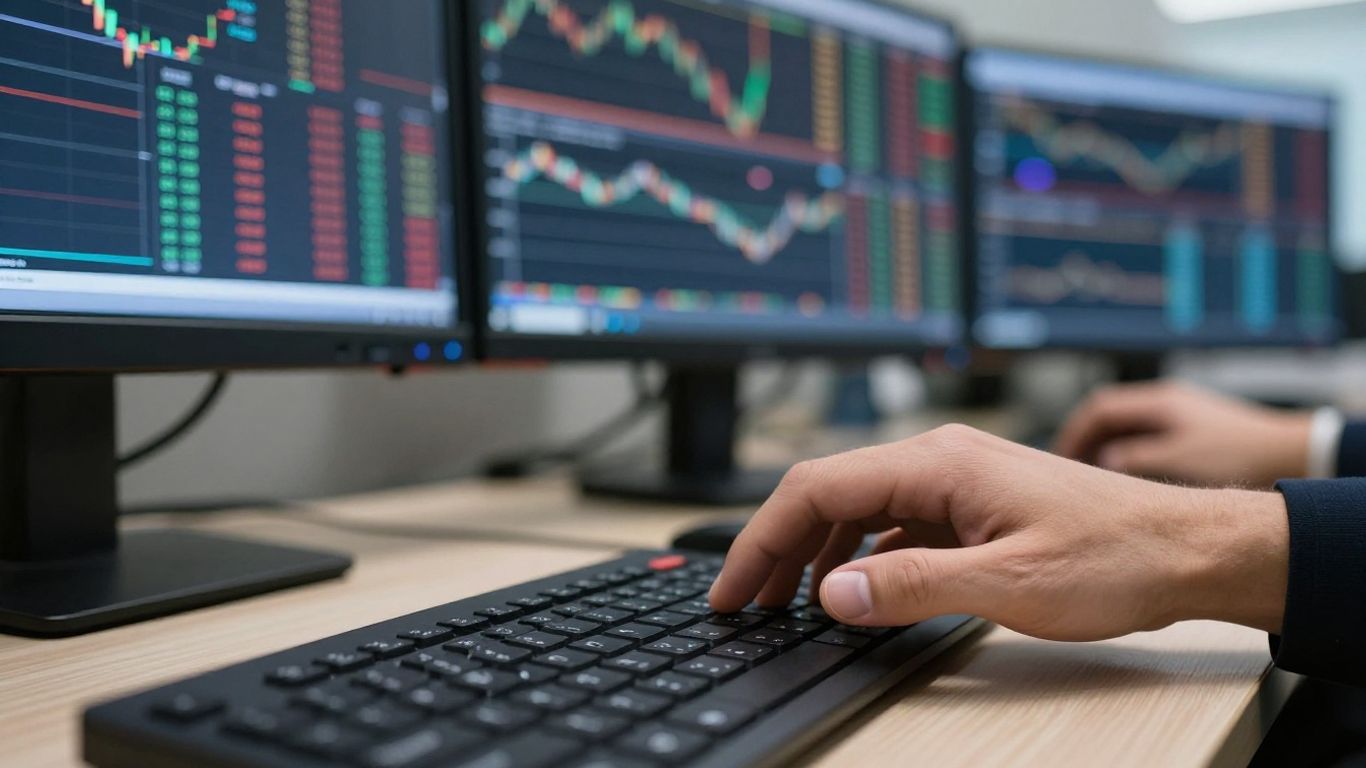 Forex trading desk with monitors and keyboard.
