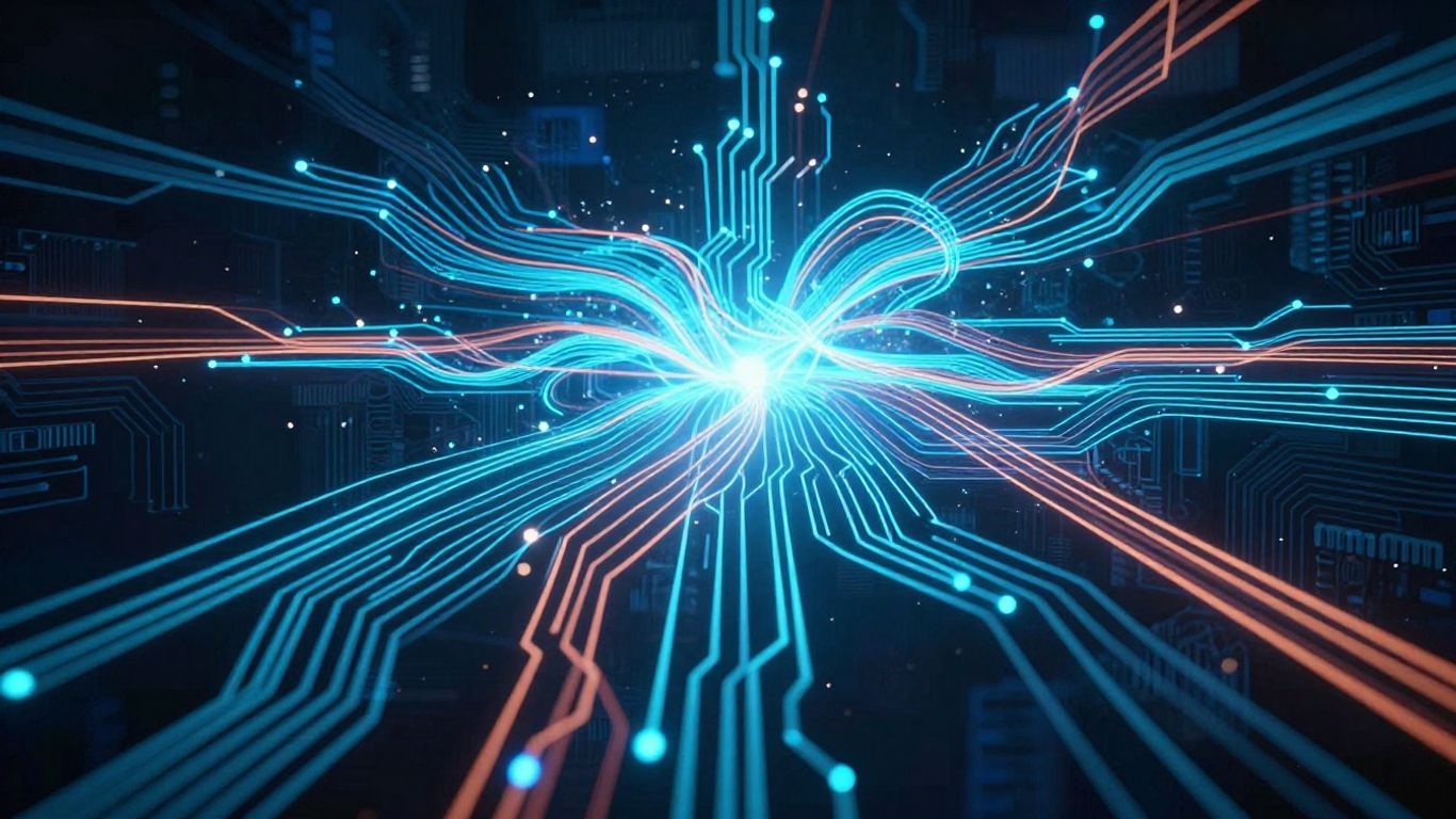 Interconnected digital pathways in a vast, dark space.