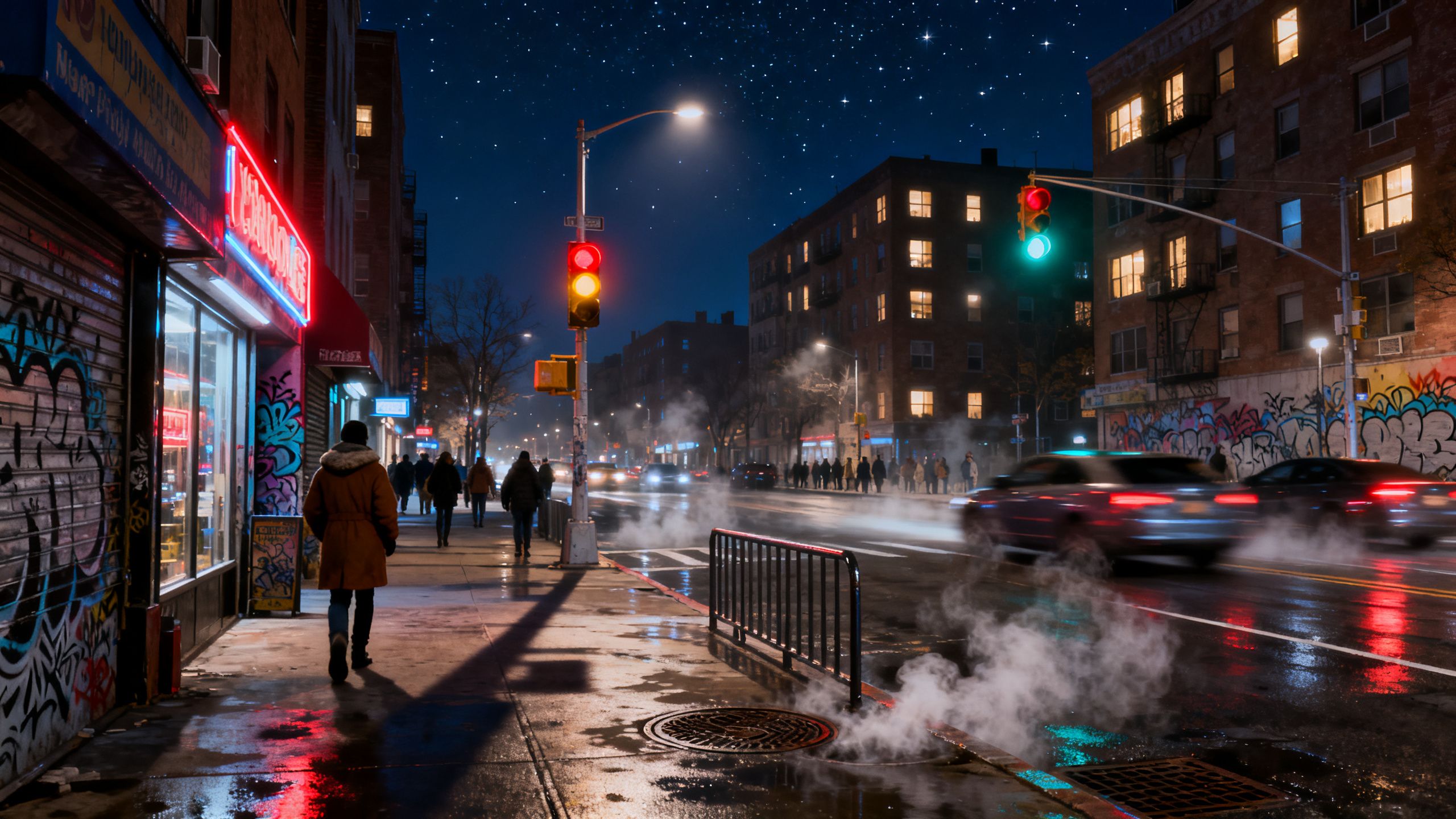 A hyper-realistic AI-generated video of a city street at night, created with Kling AI, showing detailed shadows and light.