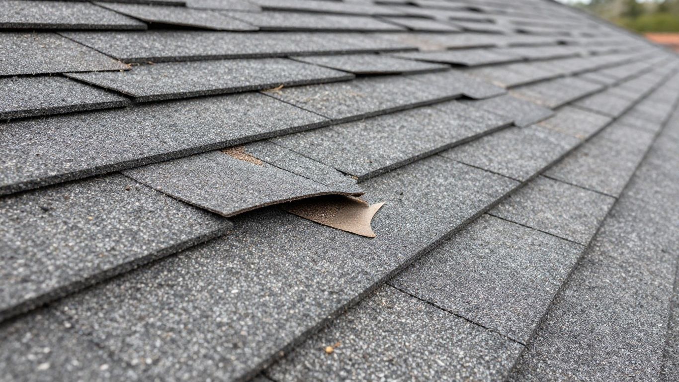 Roof shingles, some damaged, some intact.