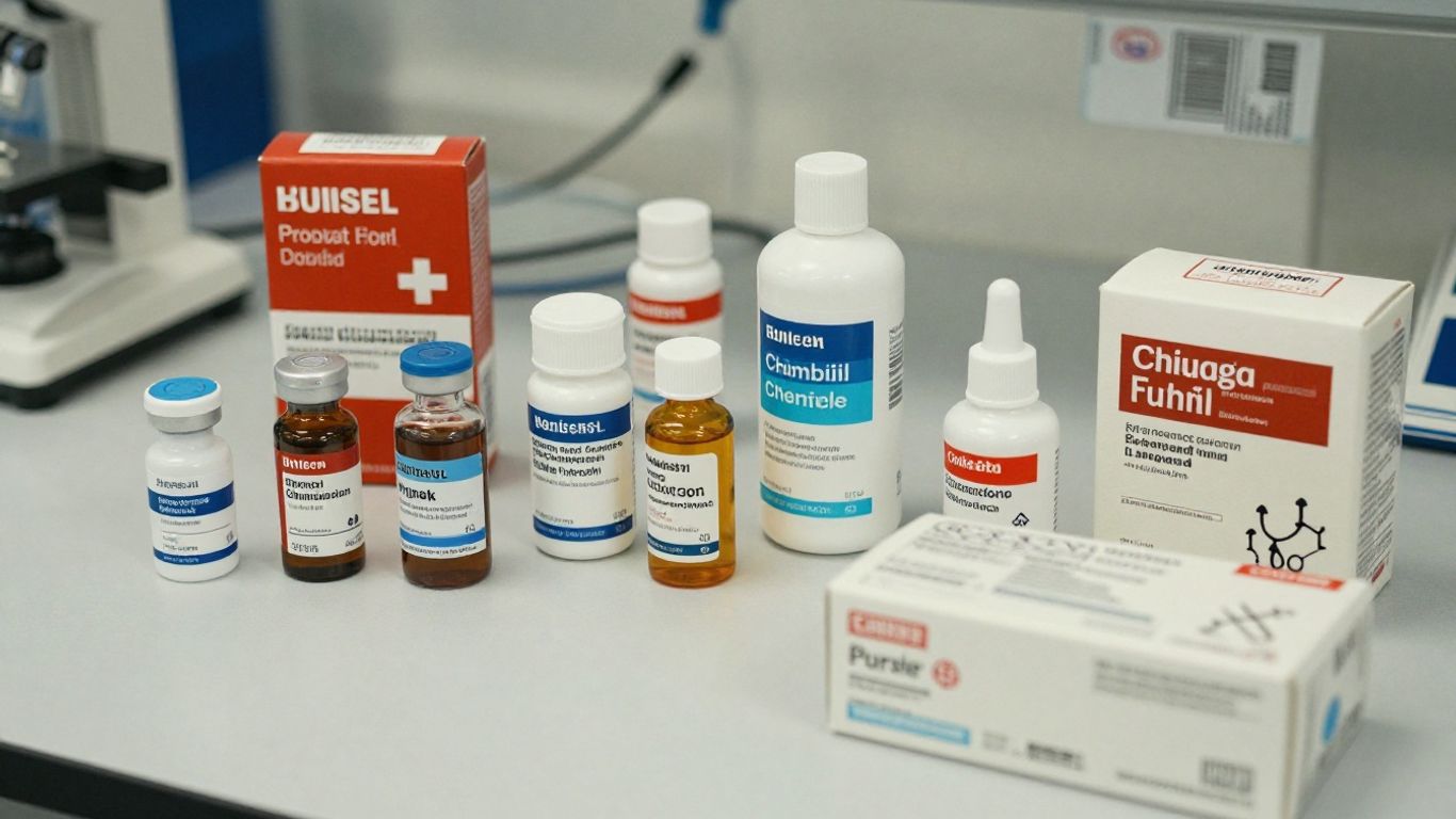 Swiss chemical products and international shipping elements.