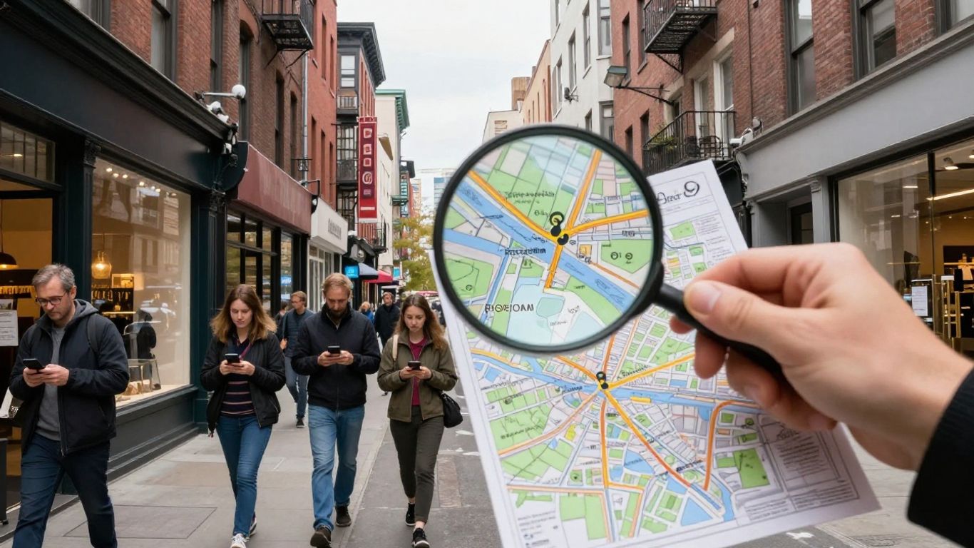 Small businesses on a city street with a magnifying glass over a map.