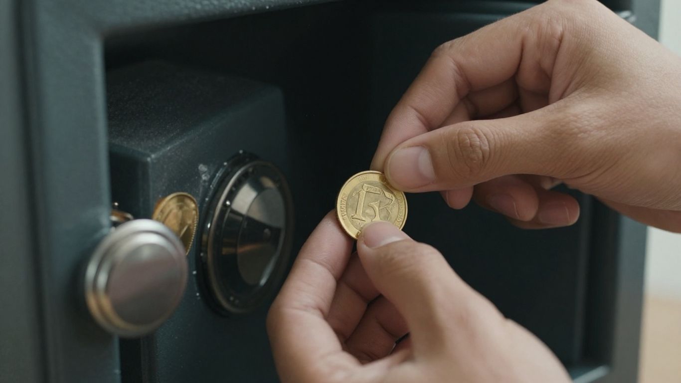 Hands storing a gold coin in a safe.