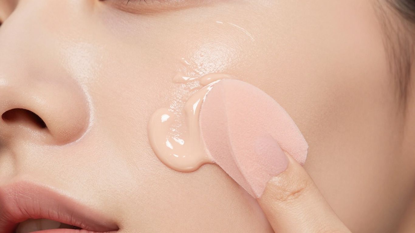 A close-up of a damp makeup sponge blending liquid foundation onto smooth skin