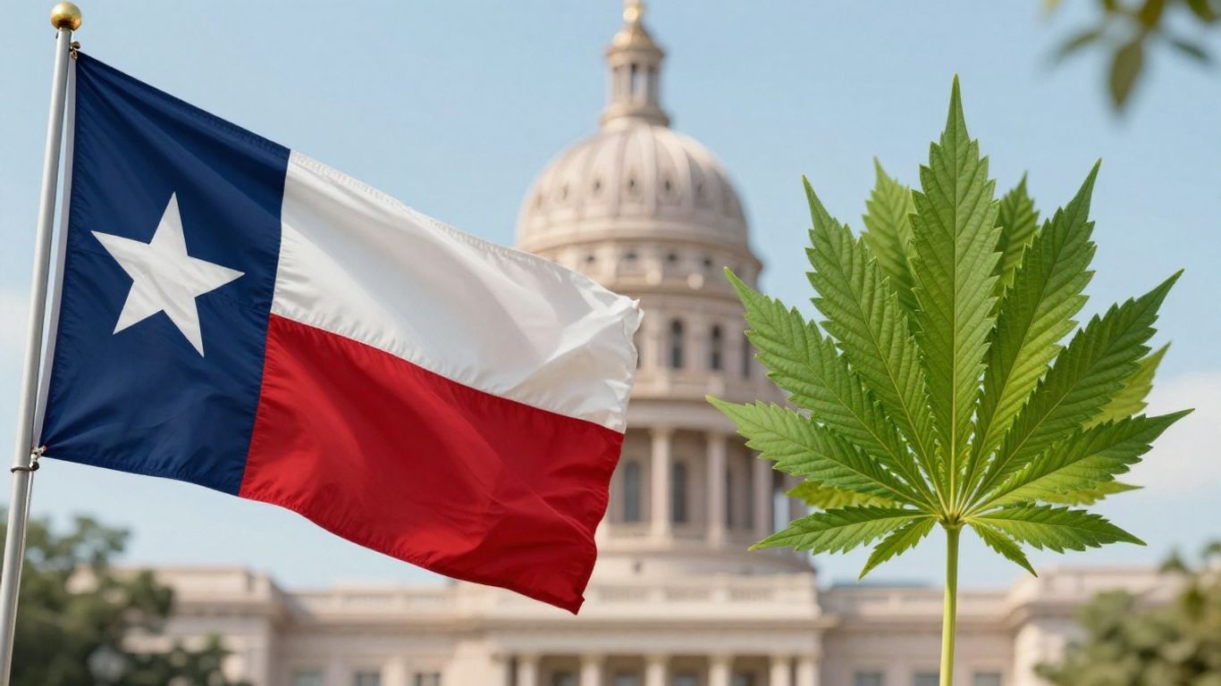 Texas flag and cannabis leaf with Capitol building.