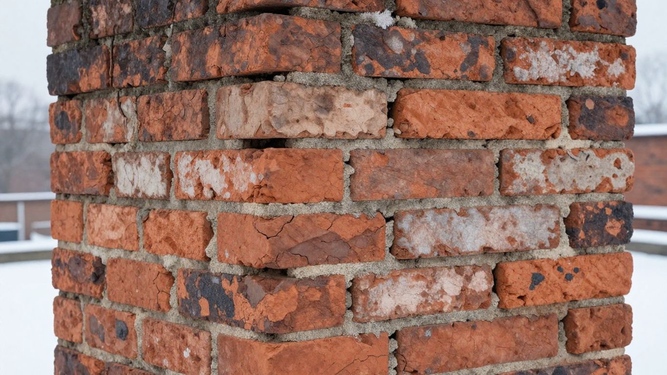 Cracked chimney bricks with missing mortar after winter.