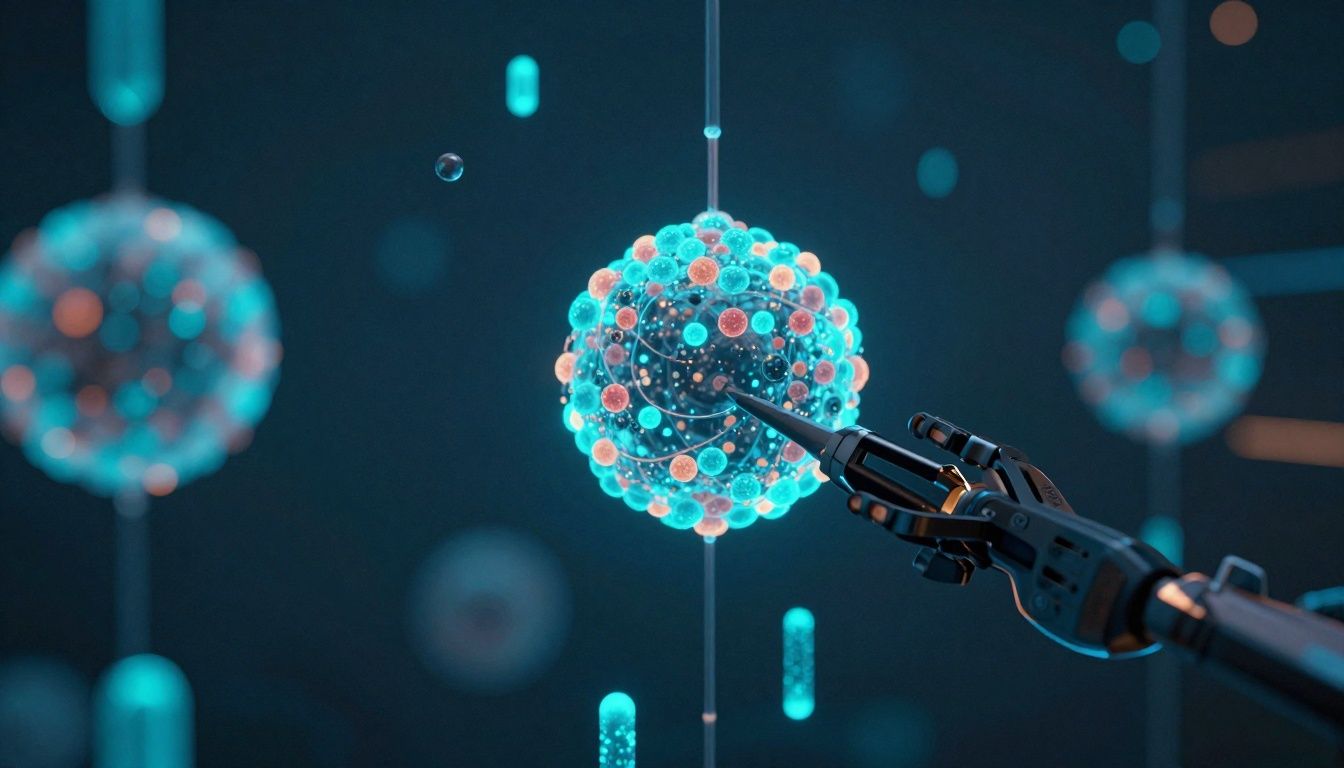 Um ambiente digital futurista com partículas de luz e elementos modulares