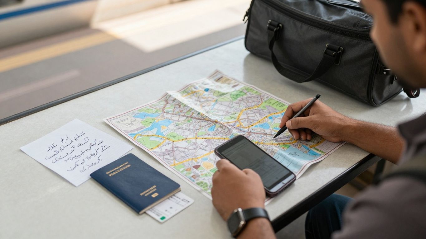 Traveler planning Urdu journey with maps and tickets