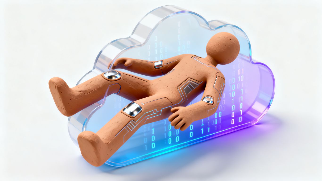 Abstract human figure emerging from digital cloud.
