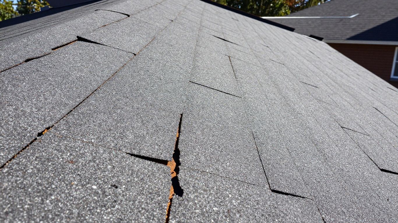 Damaged asphalt shingle roof with visible cracks.