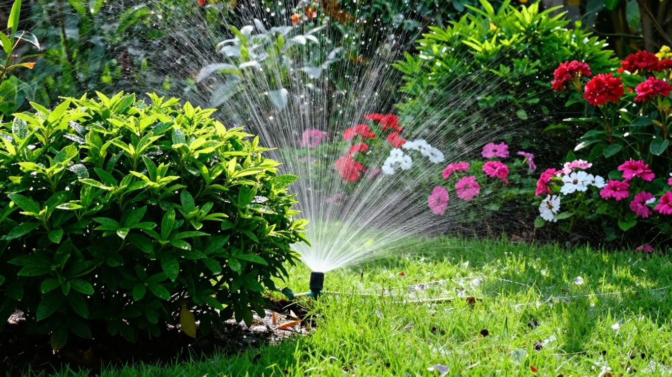 Garten mit automatischer Bewässerung und blühenden Pflanzen