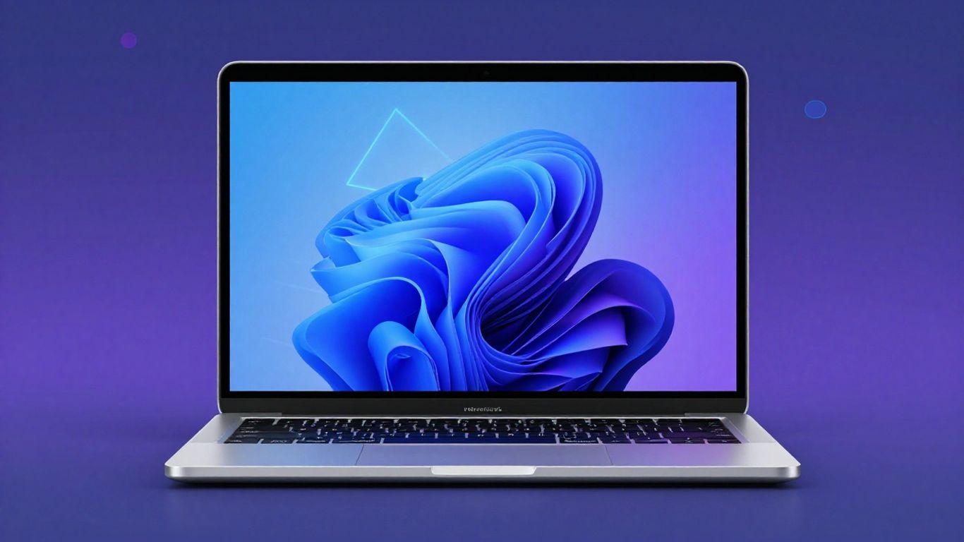 Modern laptop with abstract digital art on screen.