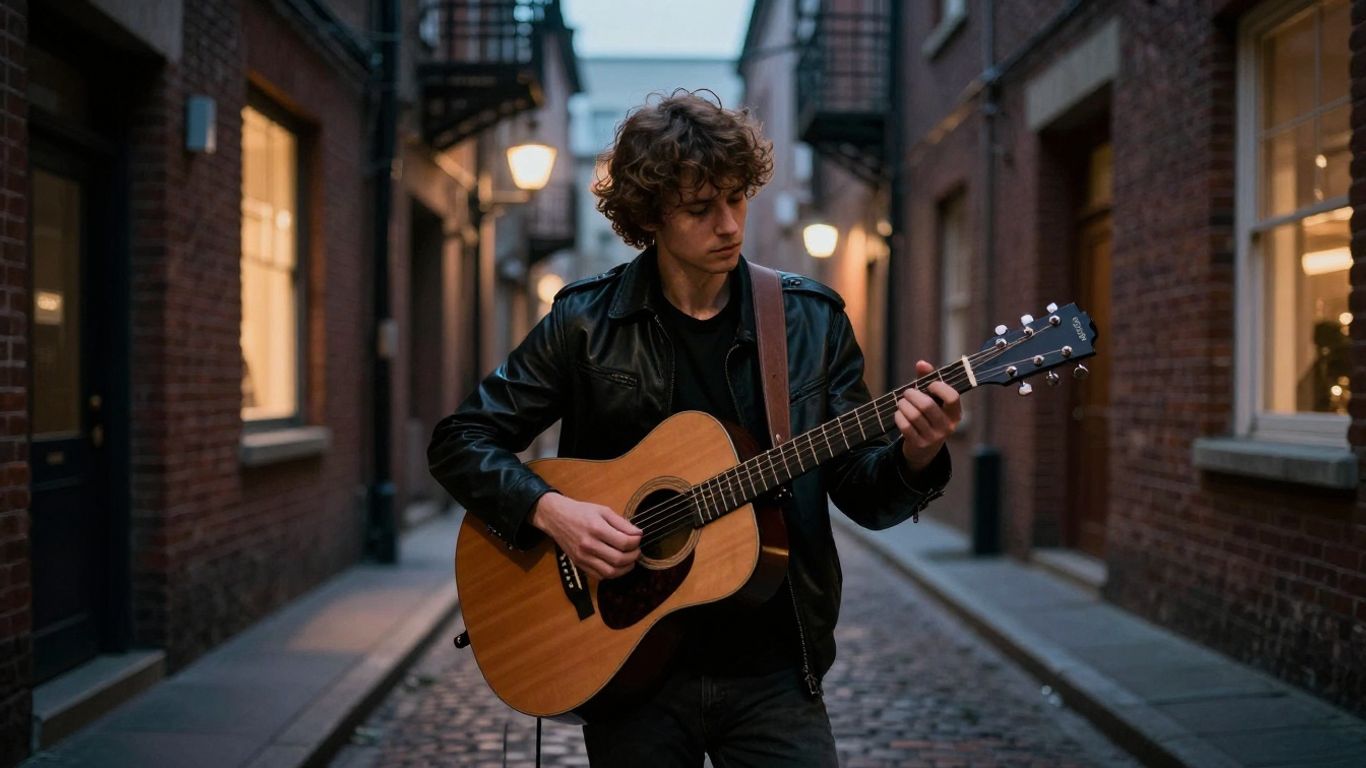 AI-generated cinematic musician performing on dark city street
