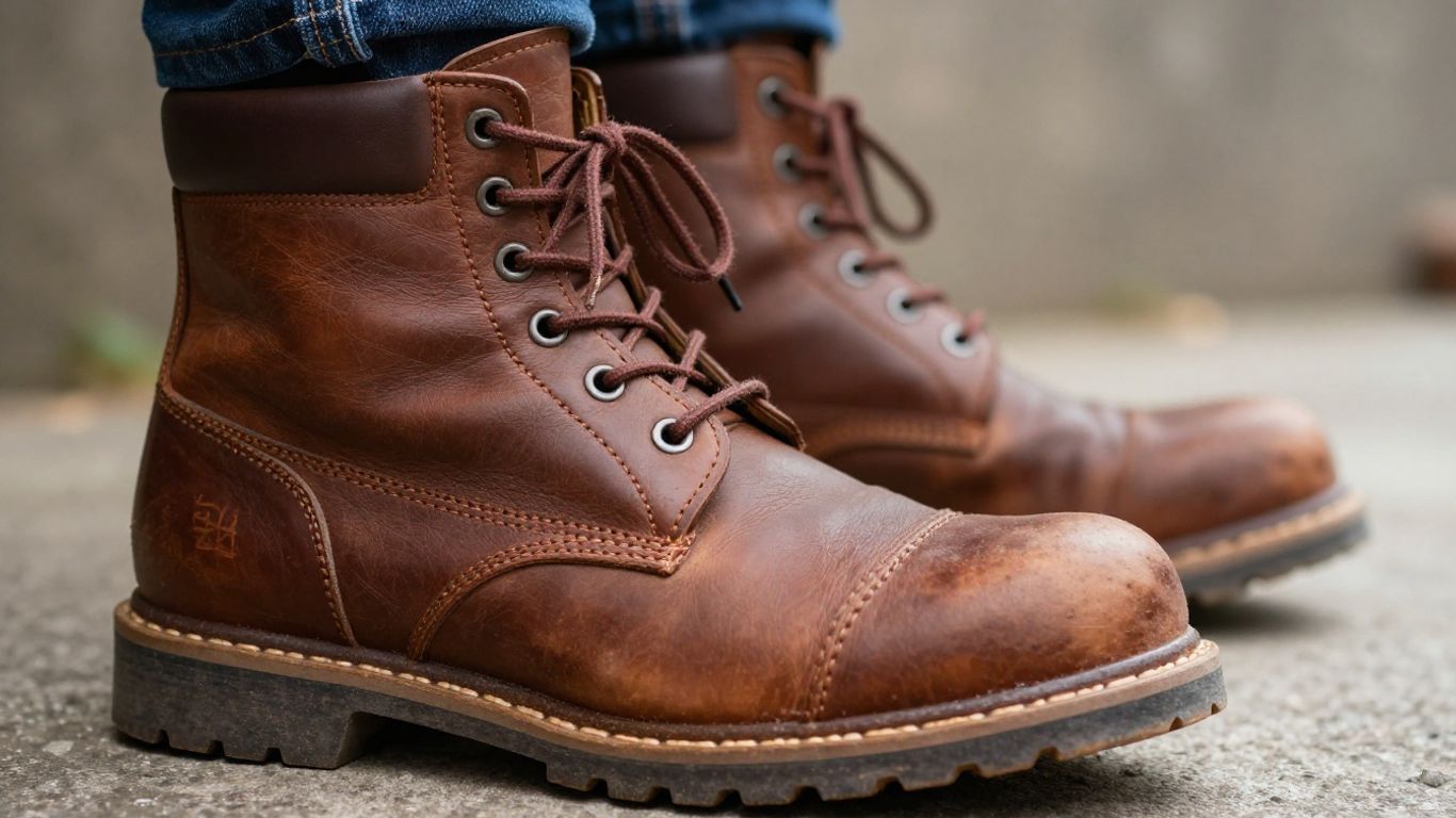 Person's feet in work boots, one unlaced.