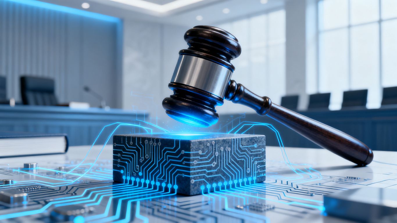 Gavel striking block in AI-enhanced courtroom.
