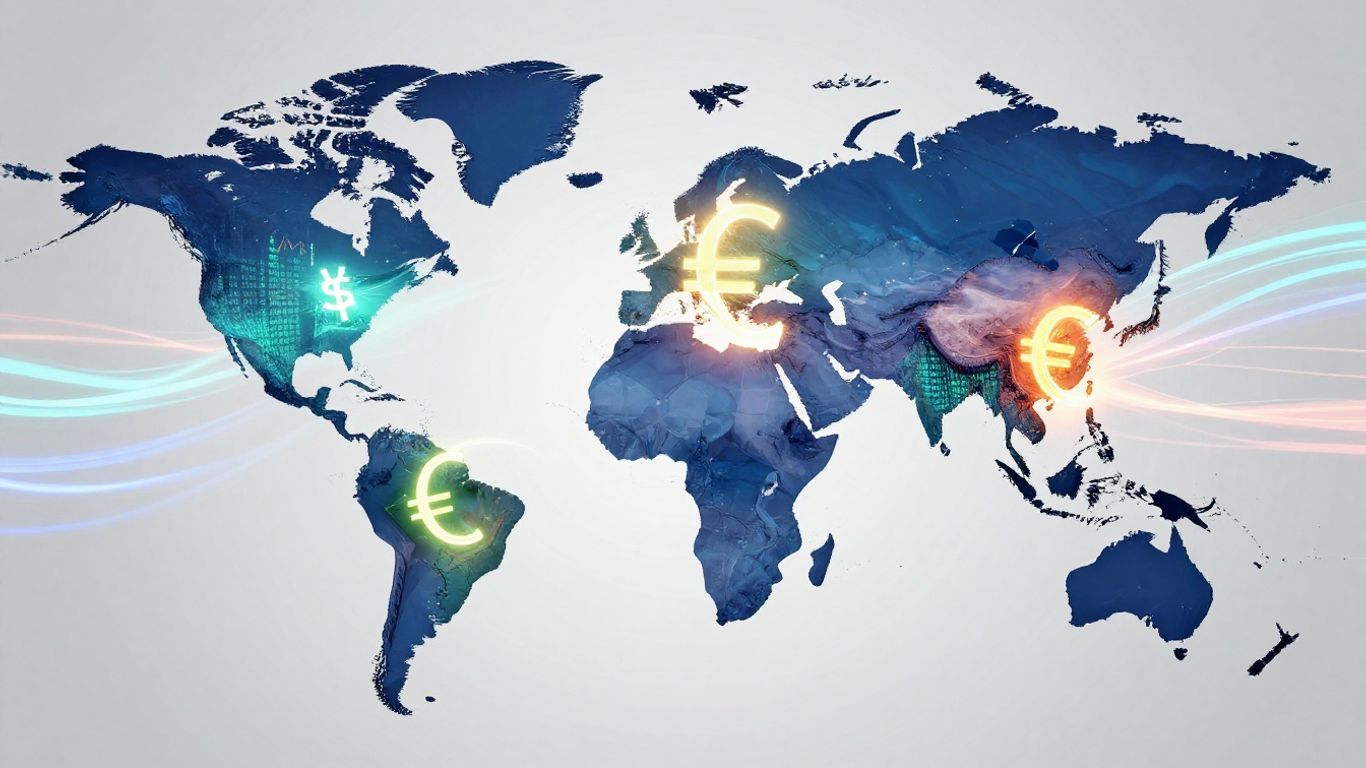 Global currency symbols and light trails on a world map.