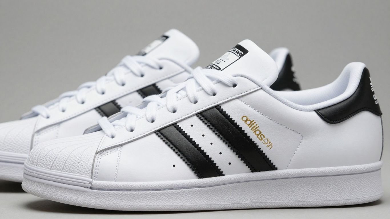 Pantofi sport Adidas Superstar cu dungi negre.