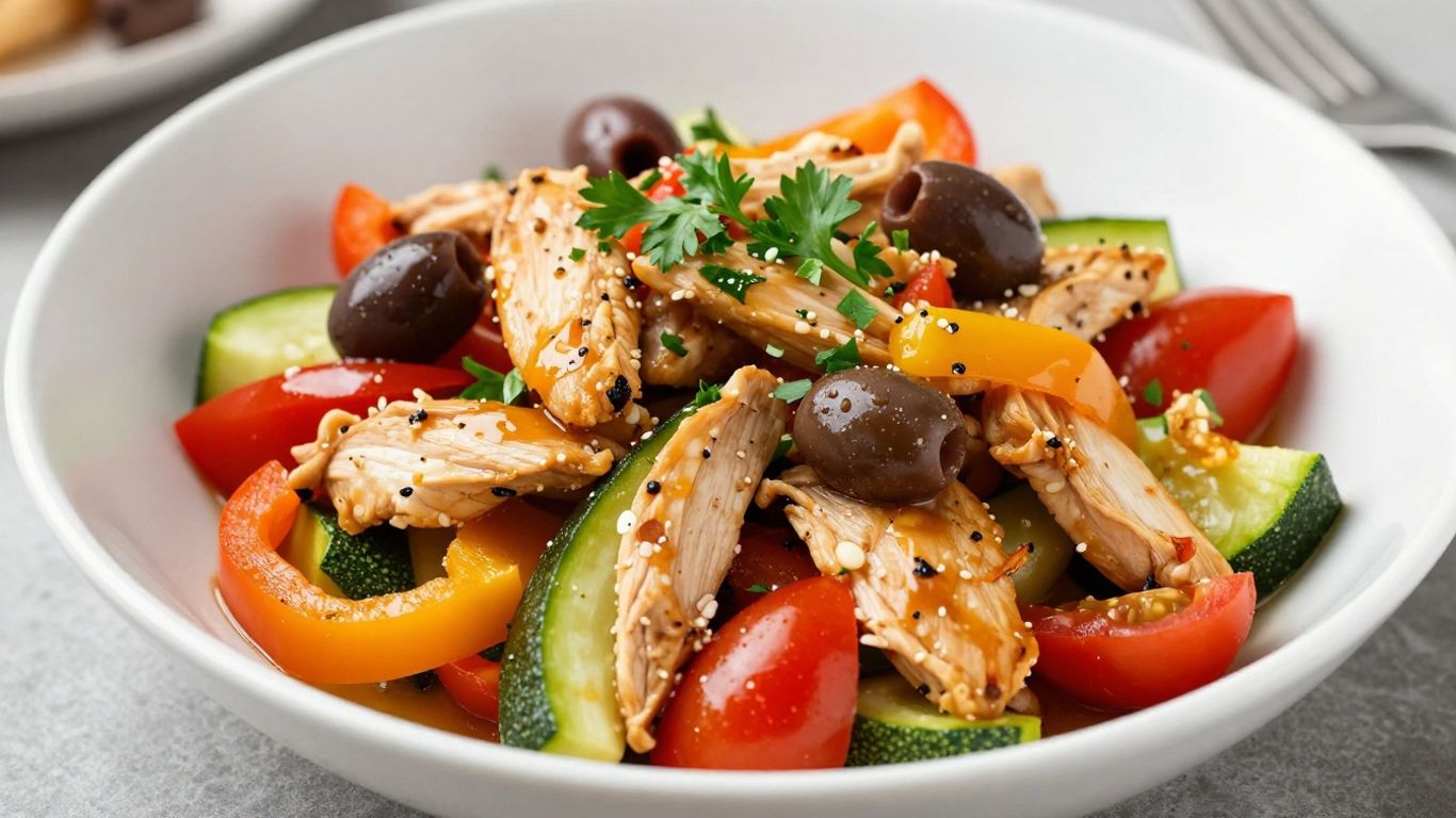 Healthy Mediterranean stir fry with chicken and fresh vegetables.