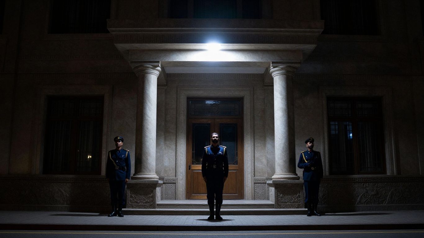 Imposing government building in Tehran with guards.