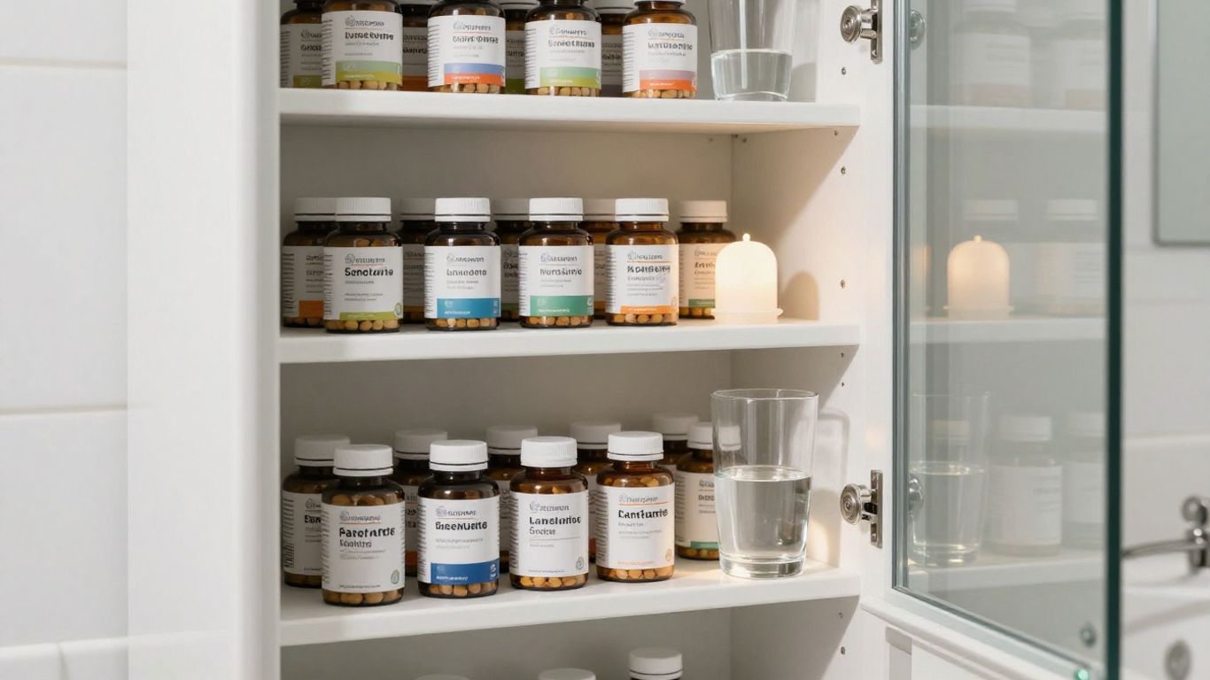 A clean medicine cabinet with organized supplements