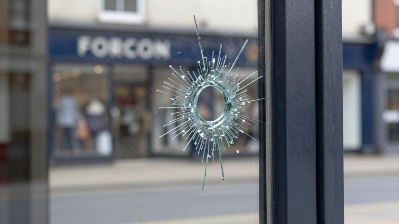 Damaged shopfront door needing replacement in the UK.