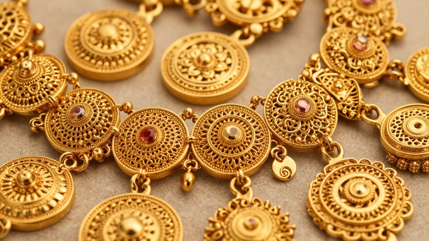 Intricate traditional gold jewellery with classic motifs.